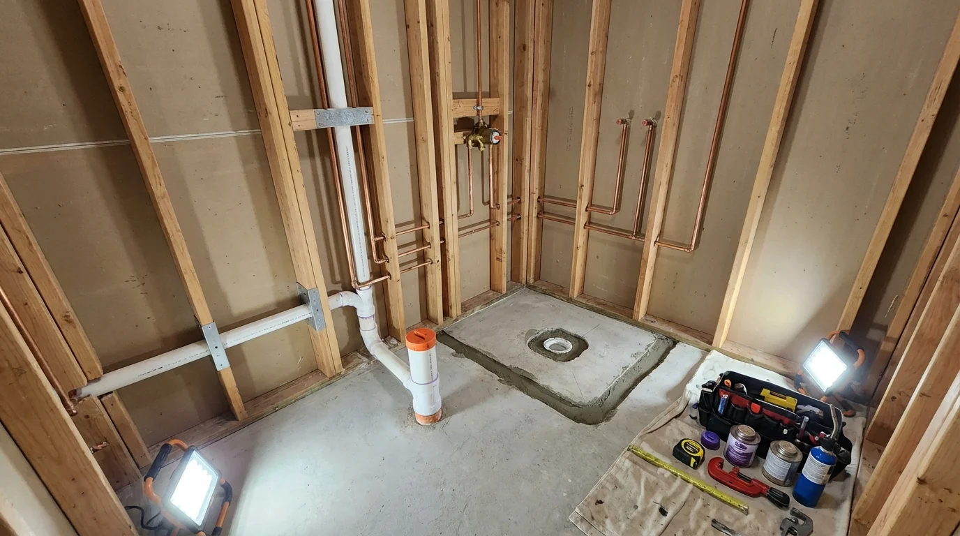 Bathroom rough-in plumbing during remodel by Johns Plumbing LLC in East Greenwich