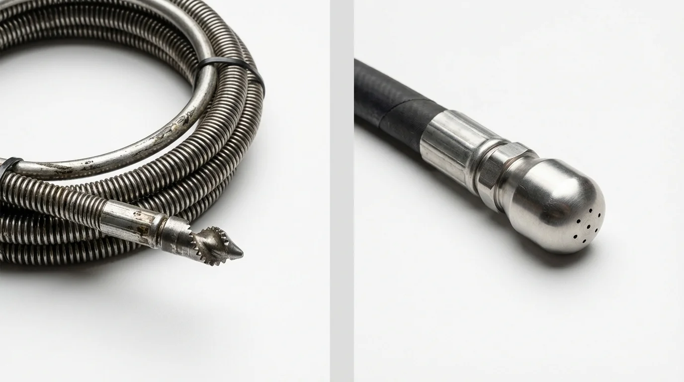 Drain snake cable and hydro jetting nozzle used for drain cleaning in East Greenwich, RI