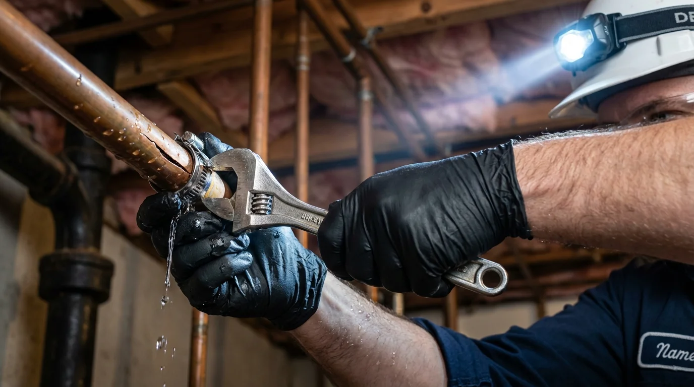 Emergency pipe clamp repair being performed by a Johns Plumbing LLC plumber in East Greenwich