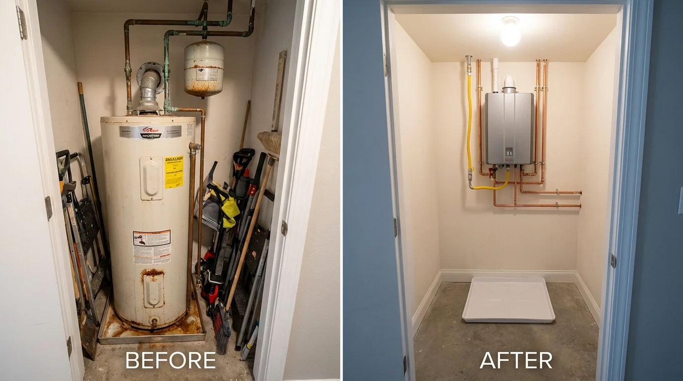 Tank water heater versus wall-mounted tankless unit comparison for East Greenwich, RI homeowners