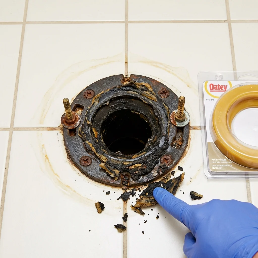 Failed wax ring showing water seepage at the base of a toilet in a East Greenwich, RI home