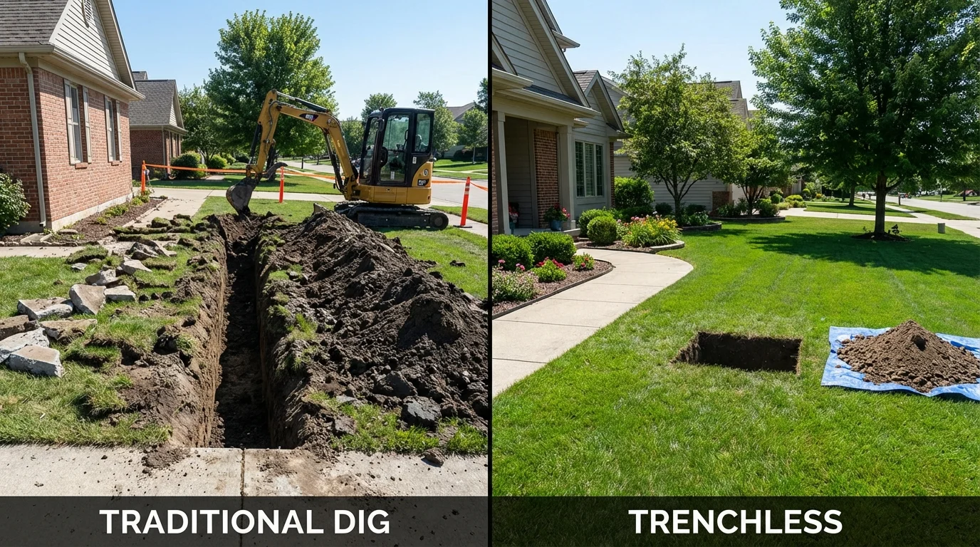 Trenchless sewer repair with minimal yard damage versus traditional excavation in East Greenwich, RI
