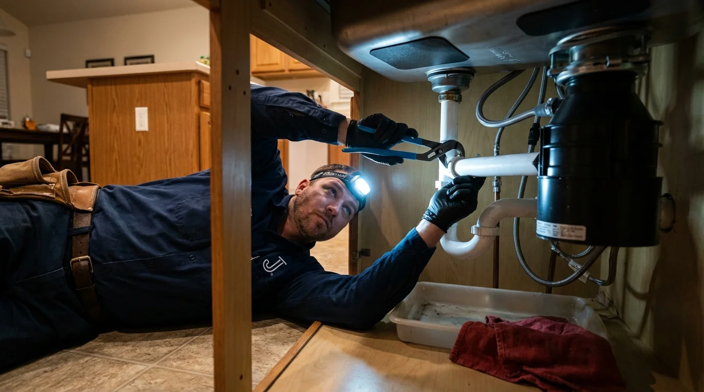 P-trap and supply line connections under a kitchen sink showing a common leak point in East Greenwich, RI